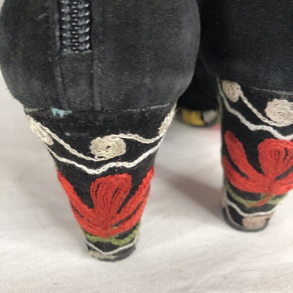 Artemis Suede Boots Womens 8.5 Black Leather Embroidery Heels Boho Retro 70s - Picture 4 of 16